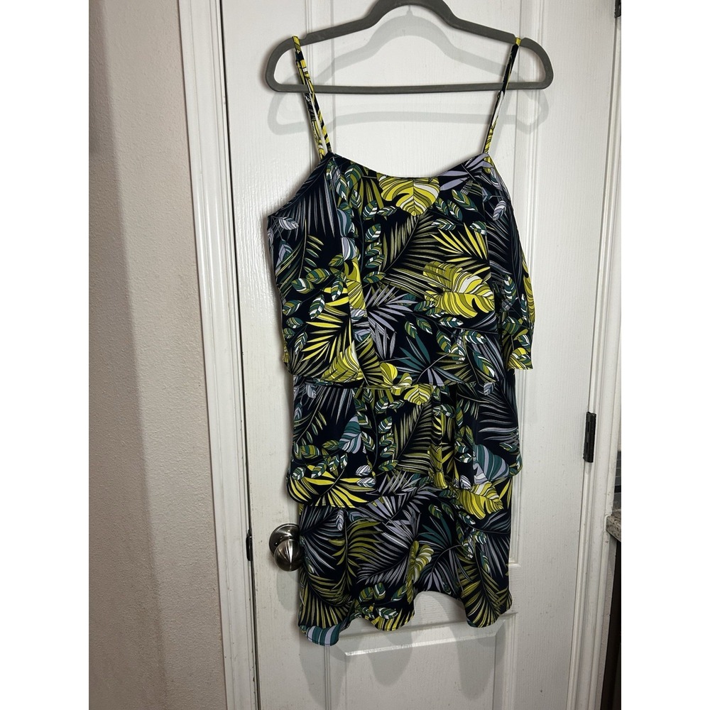 Sam Edelman Tiered Mini Dress Sz L Tropical Vacation Palm Leaves Resort